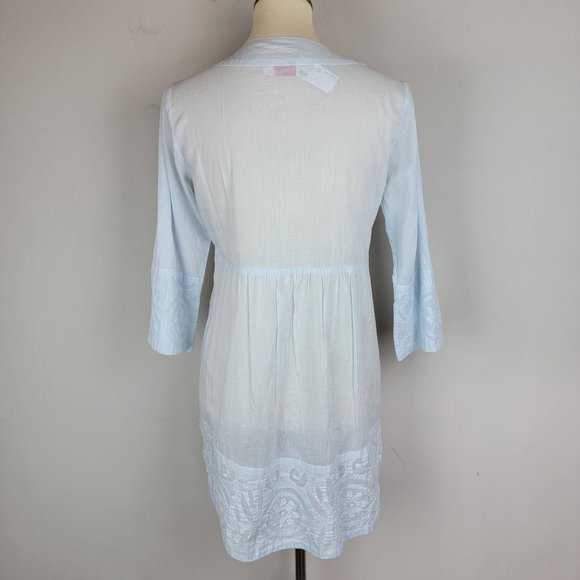 Le Cera Hand Sewed Blue Floral Patchwork Button Beach Cover Up Sheer Tunic Top S - Picture 3 of 15